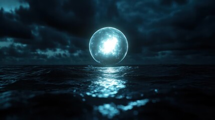 Aufkleber - A bright, shimmering orb floats just above a dark, rippling sea under a brooding sky filled with dark clouds. The orb's intense glow reflects off the water's surface, creating a path of light that