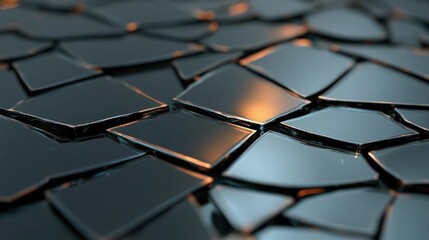 Aufkleber - A close-up showcases a surface covered with shiny, irregularly shaped tiles. The tiles are dark, possibly glass or ceramic, and reflect light, creating a glossy appearance with warm orange
