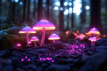 Aufkleber - Close-up of vibrant pink mushrooms with glowing caps in a dark forest. The fungi illuminate the surroundings with a soft, ethereal light, highlighting the natural beauty and mystery of the woodland