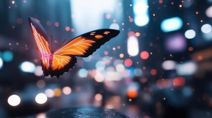Fototapete - A vibrant, orange butterfly with glowing patterns takes center stage against a backdrop of blurred city lights. The bokeh effect creates a magical atmosphere, enhancing the butterfly's beauty