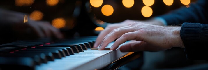 Poster - Close up view of fair skinned person playing piano under warm bokeh lighting, wearing navy blue suit. The music instrument is in focus, the keys and black body visible