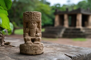 Poster - Close up of carved stone figure with ornate designs, set against a backdrop of blurred ruins and verdant foliage, captures the essence of ancient craftsmanship and historical ambiance