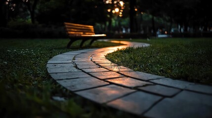 Aufkleber - A winding stone path lit by golden sunlight leads to a wooden bench in a park at dusk, trees form a dark backdrop, soft light reflecting on the path's surface with lush green grass at each side