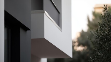 Poster - Close-up of a white and grey modern building exterior. An olive green bush sits on the right side of the frame. The background is blurred, with soft, natural light illuminating the scene, creating a