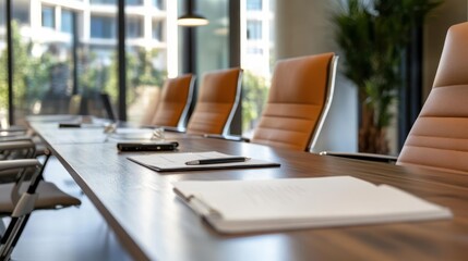 Poster - A conference room features a long table with chairs. Papers and a phone are placed on the table, with a blurred background showcasing sunlight through windows. The room conveys a sense of corporate
