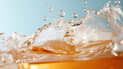 Poster - A close-up shot of a brown liquid splashing, water droplet freezing in the air, brown liquid in foreground, blurred light blue background. Refreshing splash concept