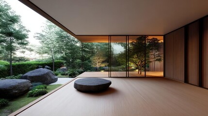 Aufkleber - A serene indoor space with warm wood floors and walls, complemented by large glass windows offering a view of lush greenery, rocks, and trees, blurring the line between indoors and nature in soft