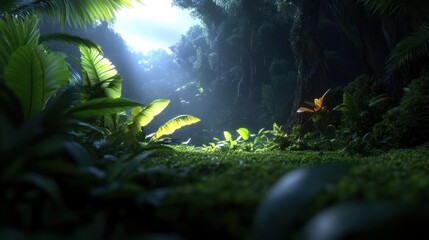Aufkleber - Sunlight filters through a dense, green forest canopy, illuminating lush foliage and creating a serene atmosphere. The scene is rich with texture and detail, emphasizing the natural beauty of the