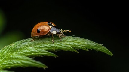 Poster - Close-up of a vibrant orange ladybug with black spots perched on a vivid green leaf, set against a dark, blurred background. The ladybug's delicate features and the leaf's intricate texture are