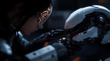 Aufkleber - Close up on a young woman with an ornate digital mask looking at a white futuristic robot head, holding it with both hands in a dimly lit environment. Focus on the intricate details and the