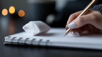 Poster - Close-up shot of a hand holding a gold pencil writing on a white spiral notebook against a dark background. Bokeh lights add a soft glow to the scene, highlighting the creative process in a warm