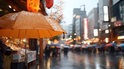 Aufkleber - View of a wet city street in Asia with pedestrians carrying umbrellas on a rainy day. Street vendors are visible alongside blurred figures with buildings in the distance, creating a vibrant yet hazy