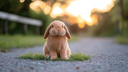 Poster - A charming eye-level shot presents a brown rabbit plush toy nestled on a stony path surrounded by greenery, bathed in the warm glow of golden hour. The tranquil scene exudes a serene and comforting