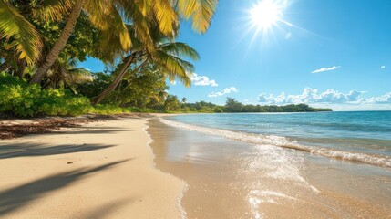 Poster - Sunny day on a tropical beach with clear blue sky, calm turquoise water and white sand. Lush green palm trees line the shore, creating a peaceful, idyllic scene. Gentle waves lap at the beach, and