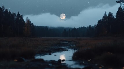 Poster - Scenic night landscape featuring a full moon illuminating a forest, creating a serene and mystical atmosphere. The scene includes water reflections and a clear sky, capturing the peacefulness of