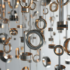 Poster - Metallic Rings Abstract: Abstract composition of metallic rings in various sizes and orientations, suspended against a neutral background. The image evokes a sense of modern elegance and precision.