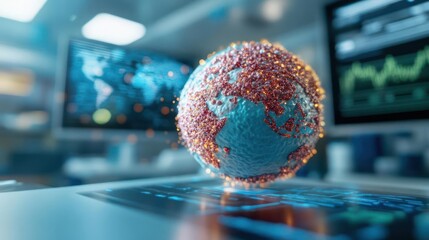 Poster - Digital rendering of a globe with detailed topographical texture, illuminated with a bokeh effect on a reflective surface in a modern laboratory setting. The background includes computer monitors