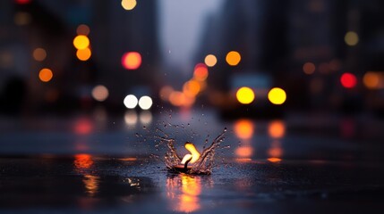 Aufkleber - A close-up shot captures a water splash on a wet city street reflecting orange and white bokeh lights from passing vehicles and street lamps, set against a backdrop of blurred buildings on a dark
