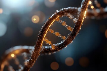 Poster - A macro shot showcasing a DNA structure with golden hues, set against a blurred dark blue background with bokeh effects. The close-up captures the intricate details of the double helix, highlighted