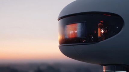 Poster - A close-up shot features a futuristic white device with a reflective, transparent casing that captures a pixelated image within. The backdrop is a blurred cityscape against a warm sunset sky