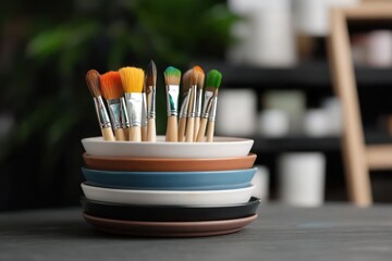 Aufkleber - A stack of round plates holds an array of paintbrushes with colorful bristles, set against a blurred background featuring shelves and a leafy plant, creating a visually appealing composition