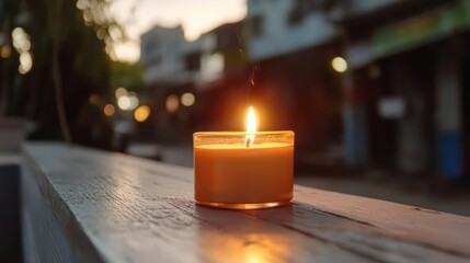 Poster - Illuminated candle in glass container on wooden railing outdoors at dusk. Candle flame emits smoke against blurred background of city street, buildings and trees. Warm ambient light highlights the