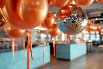 Poster - Interior shot featuring a mirrored disco ball and numerous orange balloons hanging from the ceiling, casting a festive glow. The blurred background shows tables and surfaces, suggesting a party or