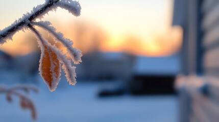 Aufkleber - Close up of frost covered leaf in soft light, showcases the delicate ice crystals and warm hues of the setting sun. The background presents blurred houses creating a serene winter atmosphere