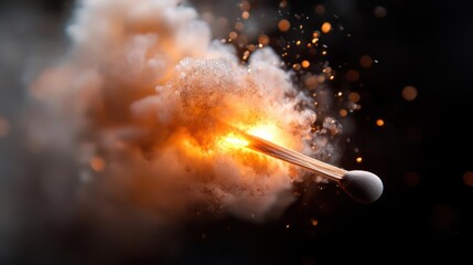 Poster - Macro shot of burning matchstick against a black background with smoke and sparks. The image captures the moment of ignition, with the bright orange flame and the surrounding smoke and particles