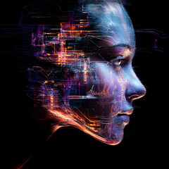 Fototapete - Digital Mind: A captivating fusion of technology and human form, this artwork envisions the intricate network of data and connections within the human mind. 