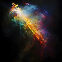 Poster - Cosmic Stream: A vibrant, abstract depiction of a celestial stream, swirling with cosmic dust and nebulae, showcasing a spectrum of rich colors.