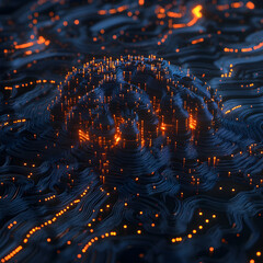 Fototapete - Digital Brain: A mesmerizing visual representation of a digital brain, illuminated with glowing orange pathways and circuits.