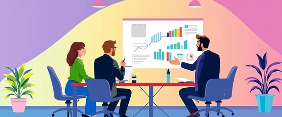 Wall Mural - Flat vector illustration of office workers collaborating on a project, brainstorming, presenting a report, teamwork, corporate