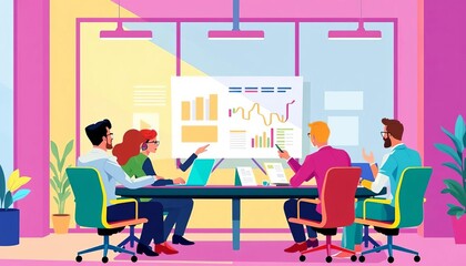 Wall Mural - Flat vector illustration of office workers in a meeting, brainstorming and presenting a report, illustration, concept