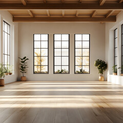 Poster - Minimalist Interior with Sunlight: A serene, sunlit interior space. Sunlight streams through tall windows, illuminating the wooden floor, exposed beams, and lush plants.