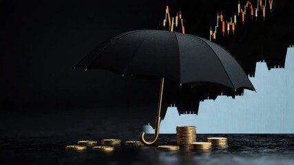 Poster - Black umbrella protecting coins amid rising financial graph illustrating investment security and market uncertainty concepts