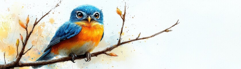 Naklejka na meble Vibrant Blue and Orange Bird Sitting on Branch Against Soft Background in Nature Scene