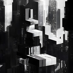 Poster - Monochrome Urban Vista: A stunning display of urban architecture, with geometric forms creating a captivating cityscape in shades of gray, evoking a sense of futuristic wonder.