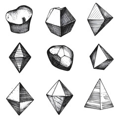 Poster - Geometric Gems and Objects: A collection of meticulously rendered hand-drawn geometric shapes and objects, showcasing the beauty and complexity of form and shadow in a clean, artistic style.