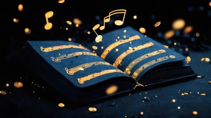 Poster - enchanted book with floating musical notes and sparkles in a dark background for artistic and creati