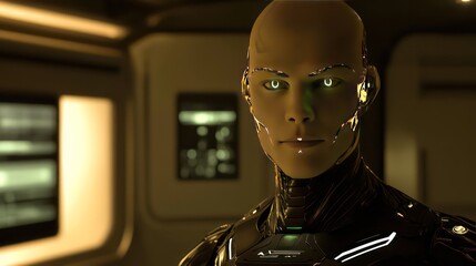Realistic humanoid robot with calm expression and glowing eyes, set in a sleek, high-tech environment. Futuristic and serene.


