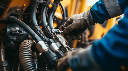 Wall Mural - Heavy equipment mechanic repairing hydraulic hoses on an excavator. Featuring maintenance and mechanics