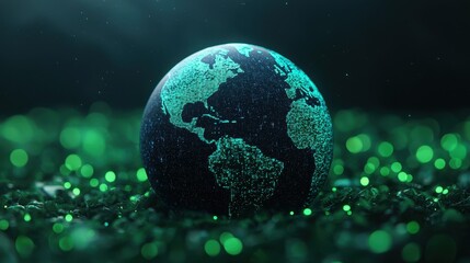 Poster - Stunning 3D Model of Earth with Glowing Continent Texture on Sparkling Green Background