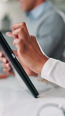 Poster - Woman, hands and tablet in office for business, website scroll and search on internet. Admin person, tech and typing in coworking space for schedule update, agenda and feedback for efficient workflow