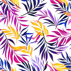 Poster - Tropical Foliage Delight: A vibrant pattern of vividly colored tropical leaves bursts with life, displaying a symphony of hues in a captivating display of botanical beauty.