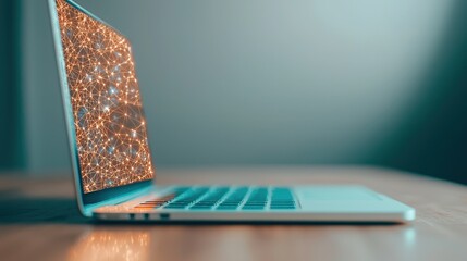 Poster - Modern Laptop with Abstract Digital Connections Displaying Creative Technology Concept Close Up