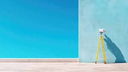 Poster - Bright Blue Wall with Yellow Ladder Against Clear Sky Background