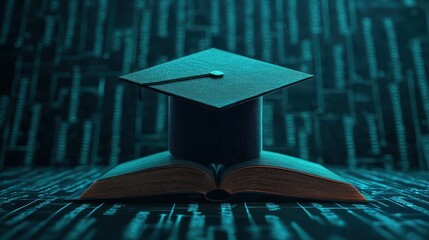 Poster - Graduation Cap on Open Book with Digital Background, Symbolizing Education and Knowledge in Modern Era