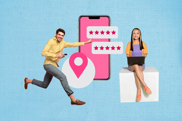 Aufkleber - Template collage design trend artwork 3D of smartphone display star rating young man run lady sit work laptop human resources recruitment