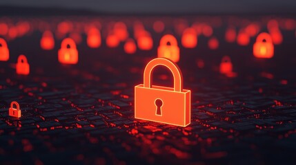 Poster - Glowing Red Padlocks on Dark Digital Background Representing Cybersecurity and Data Protection Concepts